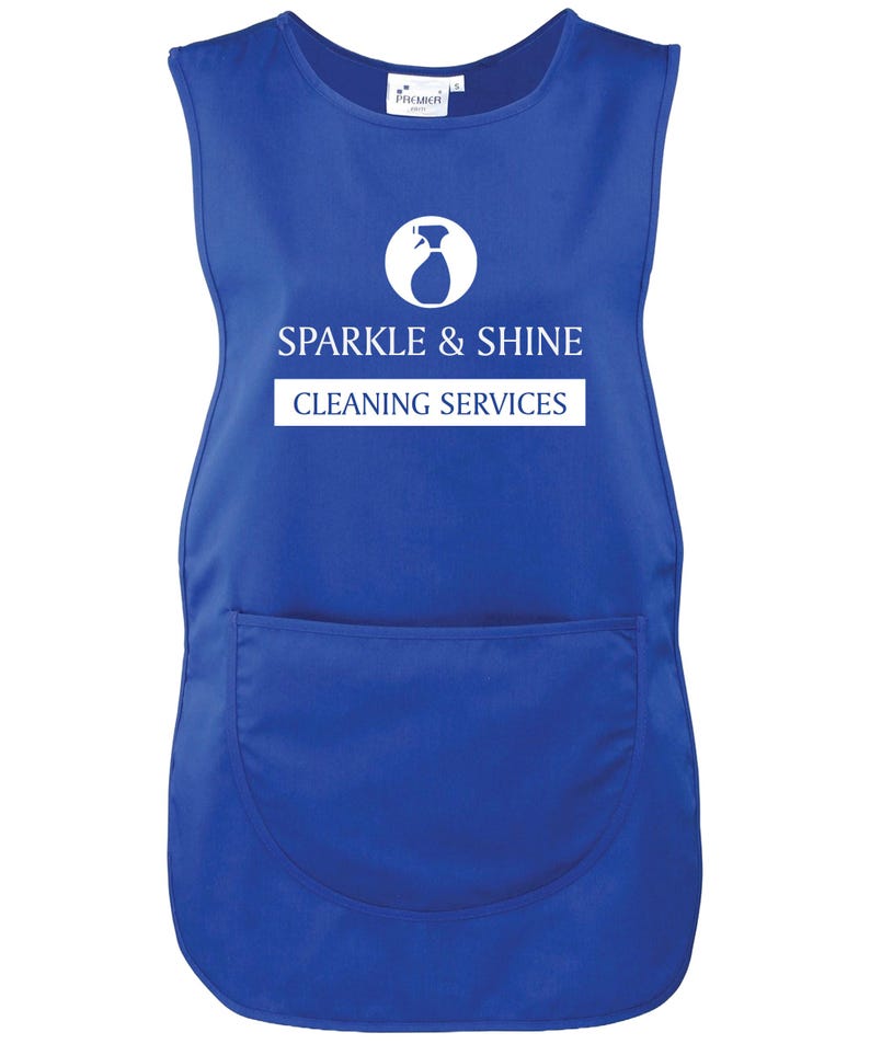 Ladies Personalised Text Cleaning Services Tabard Apron Custom Design Cleaner Uniform Royal Blue