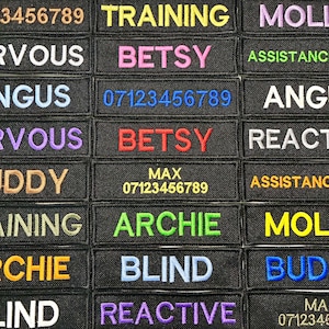 May include: A selection of black embroidered patches with colourful text. The patches display names such as "Betsy" and "Archie", and phrases like "Training" and phone numbers.