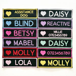 May include: A collection of black embroidered patches with various text and heart designs. The patches include phrases like "ASSISTANCE DOG", names such as "DAISY" and "MOLLY", and other labels. The patches are outlined in various colors.