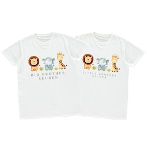 Boys Personalised Name Big & Little Brother T-Shirts Custom Jungle Animals New Baby Gift