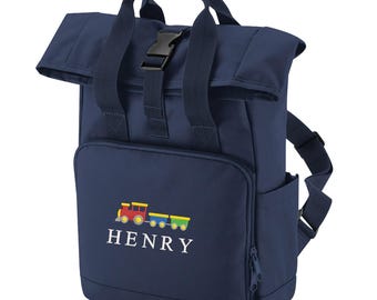 Embroidered Kids Train Personalised Name Mini Roll Top Backpack Boys Custom School Rucksack Nursery Bag