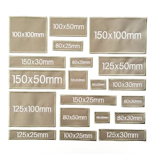 May include: A selection of rectangular fabric patches in various sizes, from 40x25mm to 150x100mm. Each patch is tan with white text showing its dimensions in millimetres. The patches are arranged on a white background.