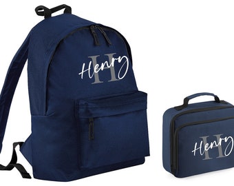 Personalised Letter Name Junior Backpack & Lunch Bag Set (Navy)