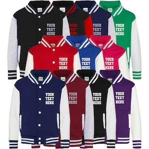 Personalised Text Kids Varsity Jacket Childrens Custom Name Letterman College Baseball