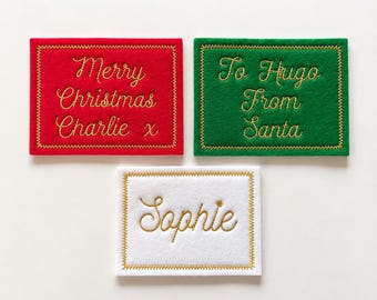 Personalised Embroidered Name Patch Kids Christmas Stocking Tags Sew & Iron On