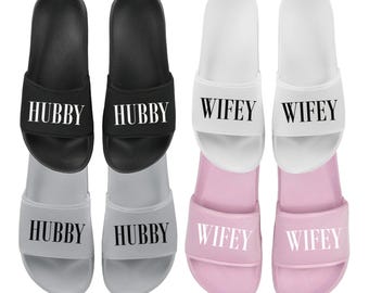 HUBBY & WIFEY Matching Sliders Newlyweds Honeymoon Slippers Gift