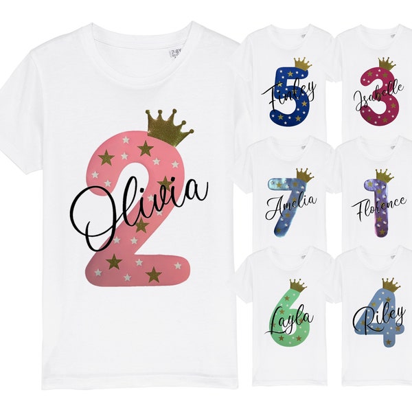 Kids Personalised Name & Age Glitter Birthday T-Shirt