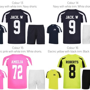 May include: Four different soccer jerseys with matching shorts. The jerseys are navy blue, electric pink, electric yellow, and navy blue with white trim. The shorts are navy blue, white, black, and white. The jerseys have numbers and names on the back. The names are JACK. W, AMELIA, ROBERTS, and JACK. W. The numbers are 9, 72, 8, and 9.