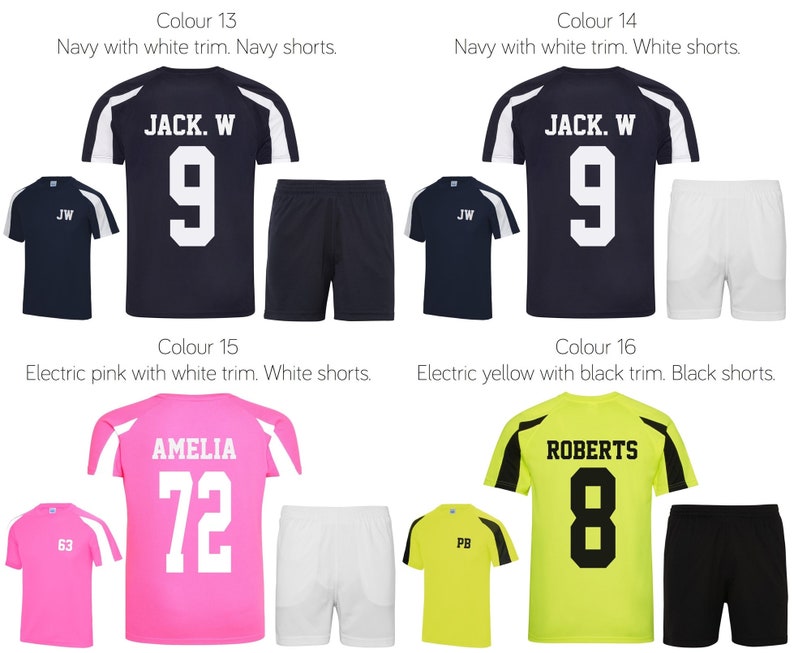 May include: Four different soccer jerseys with matching shorts. The jerseys are navy blue, electric pink, electric yellow, and navy blue with white trim. The shorts are navy blue, white, black, and white. The jerseys have numbers and names on the back. The names are JACK. W, AMELIA, ROBERTS, and JACK. W. The numbers are 9, 72, 8, and 9.