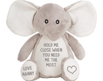 Personalised Hold Me Close Keepsake Gift Grey Elephant Bear Plush Teddy Cuddly Toy
