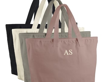 Embroidered Personalised Initials Heavyweight Cotton Canvas Large Tote Bag Custom Monogram Beach Shopper Gift