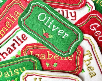 Personalised Embroidered Name Patch Christmas Stocking Tags Iron On & Sew On Custom Text Badge