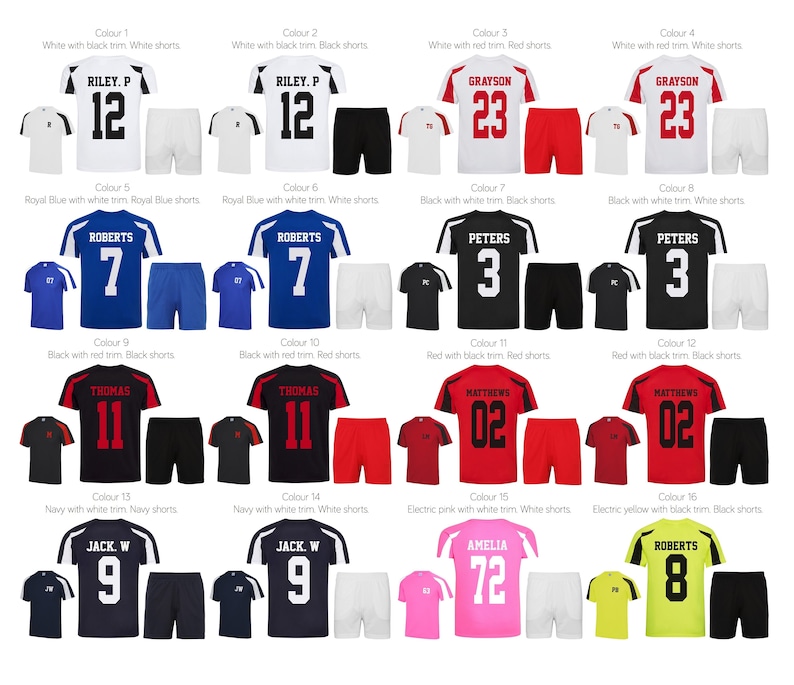 May include: A set of 15 soccer jerseys and shorts in various colors with different player names and numbers. The jerseys have short sleeves and a white trim. The shorts are black, white, red, blue, navy, pink, yellow, and gray.