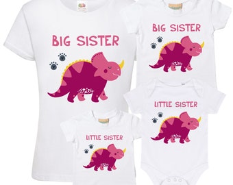 Pink Dinosaur Big and Little Sister T-Shirts and Bodysuits