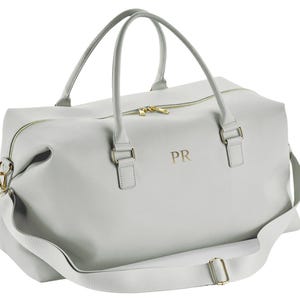 Personalised Initials Vegan Faux Leather Weekend Holdall Bag With Detachable Strap - Custom Monogram Gifts For Her Grey
