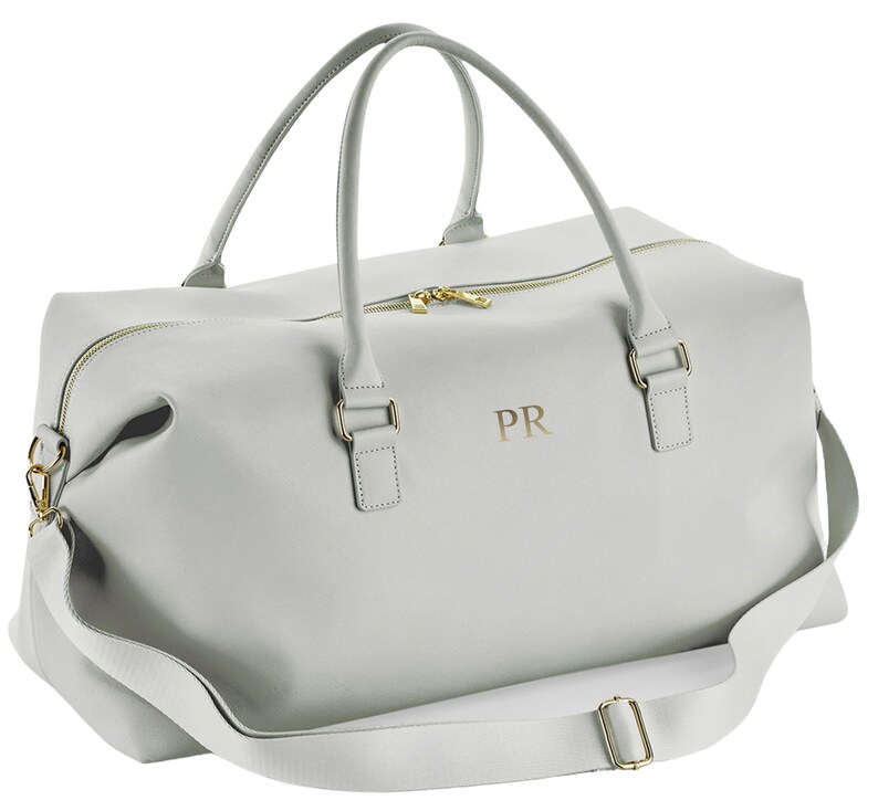 Personalised Initials Vegan Faux Leather Weekend Holdall Bag With Detachable Strap - Custom Monogram Gifts For Her Grey