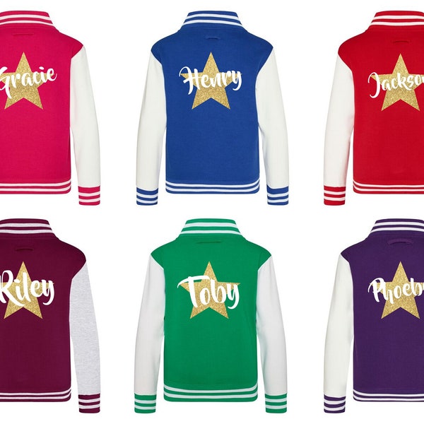 Kids Personalised Gold Glitter Star Name Varsity Jacket