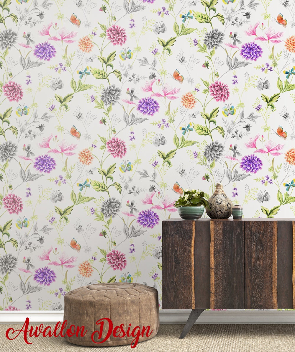 Peony And Butterfly Wallpaper Chinoiserie Wallpaper Easy Etsy