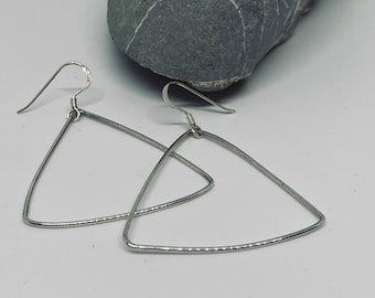 Sterling Silver Large Triangle Drop Earrings. Textured Silver. Simple. Stylish.
