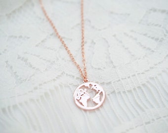 World map necklace in rose gold, gift for girlfriend, Christmas gift