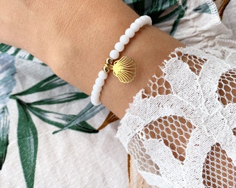 Muschel Armband gold jadeperlen weiß,  Geschenk für Freundin, Weihnachtsgeschenk