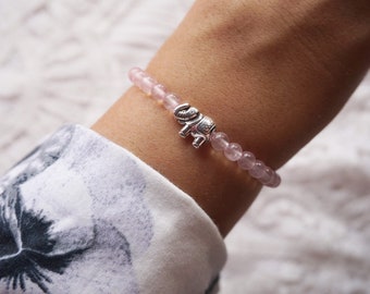 Elefanten Armband mit rosenquarz perlen,  Geschenk für Freundin, Weihnachtsgeschenk