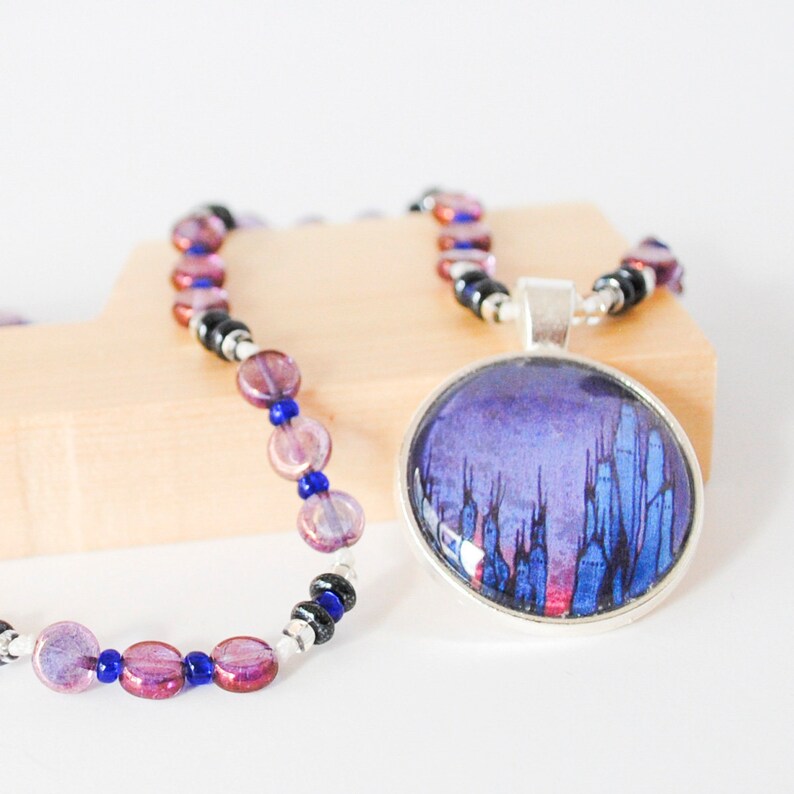 Illustration Acrylic Painting Original Art Cabochon Fantasy Castle Hand-Knotted Glass Jewelry Necklace Sunset