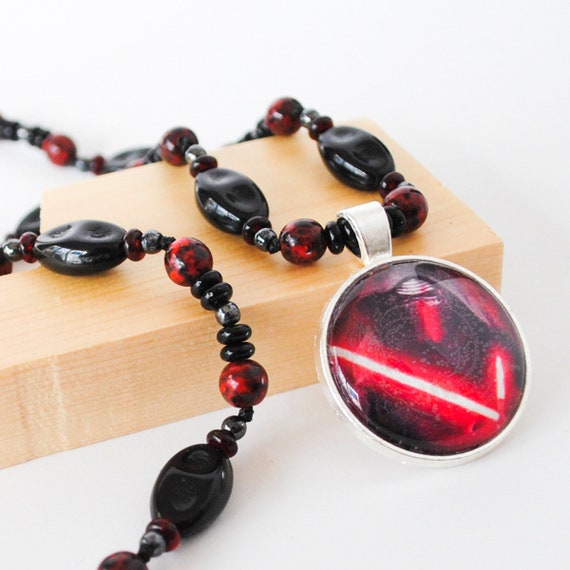 Kylo Ren, Necklace, Hand-Knotted Glass Jewelry, Cabochon, The Last Jedi,  Star Wars, Hematite