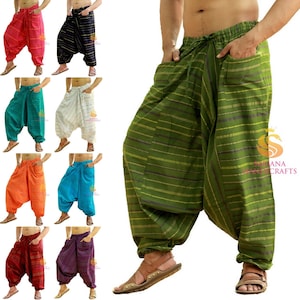Sarjana Handicrafts Men Women Cotton Striped Pockets Harem Pants, Unisex Yoga Pants, Casual Trousers, Hippie Baggy Boho Drop Cotch Pants