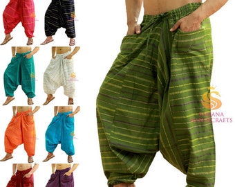 Sarjana Handicrafts Hombres Mujeres Algodón Rayas Bolsillos Harem Pantalones, Unisex Yoga Pantalones, Pantalones Casuales, Hippie Baggy Boho Drop Cotch Pantalones