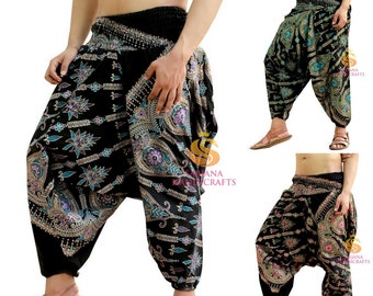 Sarjana Handicrafts Men Women Cotton Golden Printed Pockets Harem Pants, Unisex Yoga Pants, Casual Trousers, Hippie Baggy Drop Cotch Pants