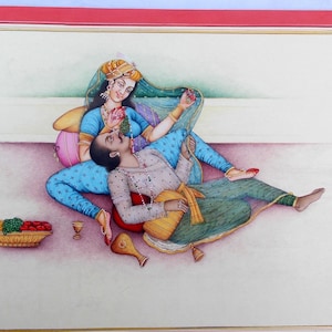 Mughal Lovers Miniature Painting: Handmade Ethnic Romance Artwork
