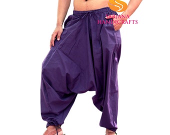 Sarjana Handicrafts Men Women Cotton Solid Pockets Purple Harem Pants, Unisex Yoga Pants, Casual Trousers, Hippie Baggy Drop Cotch Pants