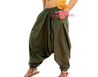 Sarjana Handicrafts Hombres Mujeres Algodón Bolsillos Sólidos Khaki Harem Pantalones, Unisex Yoga Pantalones, Pantalones Casuales, Hippie Baggy Drop Cotch Pantalones