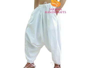 Sarjana Handicrafts Hombres Mujeres Algodón Sólido Bolsillos Blanco Harem Pantalones, Unisex Yoga Pantalones, Pantalones Casuales, Hippie Baggy Drop Cotch Pantalones