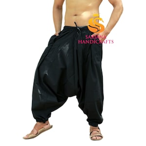 Sarjana Handicrafts Homme Femme Coton Poches Unie Noir Sarouel, Pantalon De Yoga Unisexe, Pantalon Décontracté, Hippie Baggy Drop Cotch