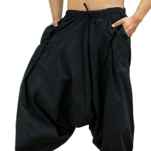 Sarjana ambachten mannen vrouwen katoen effen zakken harembroek, unisex yoga broek, vrijetijdsbroek, hippie wijde boho broek drop cotch broek