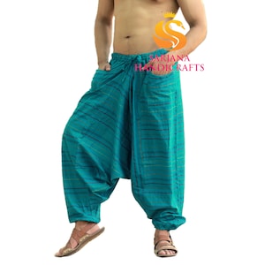 Cotton Striped Harem Pants: Unisex Turquoise Yoga Trousers