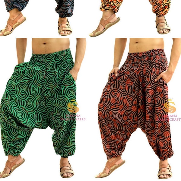 Sarjana Handicrafts Men Women Cotton Printed Pockets Harem Pants, Unisex Yoga Pants, Casual Trousers, Hippie Baggy Boho Drop Cotch Pants