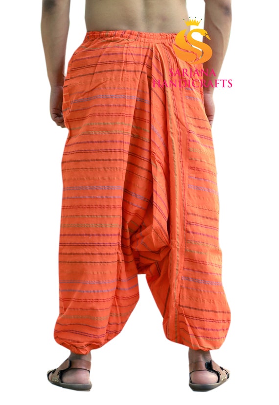 Sarjana Handicrafts Men Women Cotton Striped Pockets Orange Harem