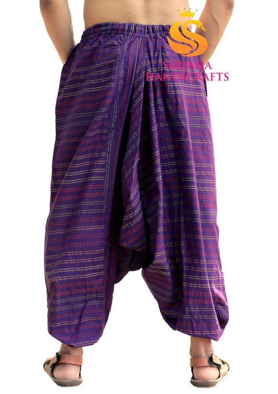 Sarjana Handicrafts Men Women Cotton Striped Pockets Deep Purple Harem Pants,  Unisex Yoga Pants, Casual Trousers, Hippie Drop Cotch Pants 