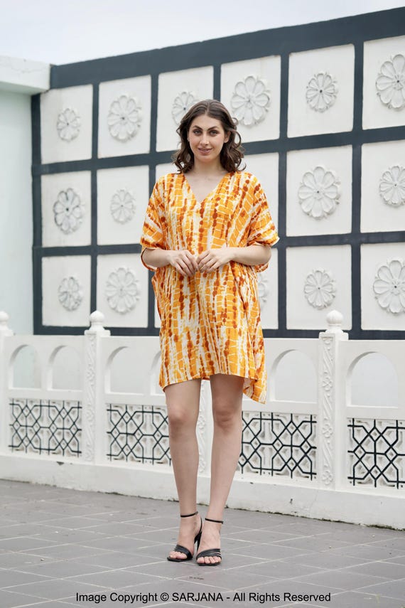 Tie Dyed Rayon Short Kaftan Caftan Dress: Beach Cover Up - Free SIZE Tie Dyed Rayon Short Kaftan Caftan Dress: Beach Cover Up - Free SIZE