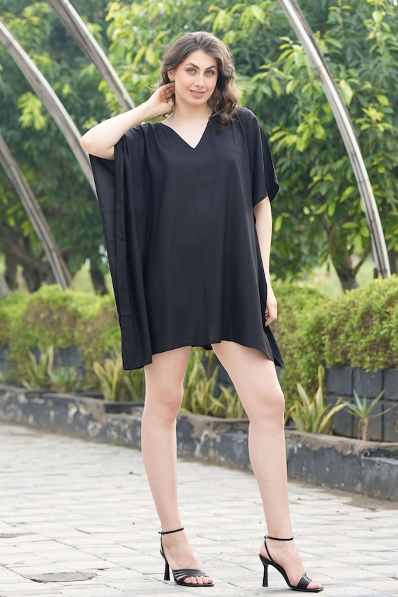 Rayon Short Kaftan Caftan Dress: Solid Color Swimsuit Beach Cover Up Free SIZE