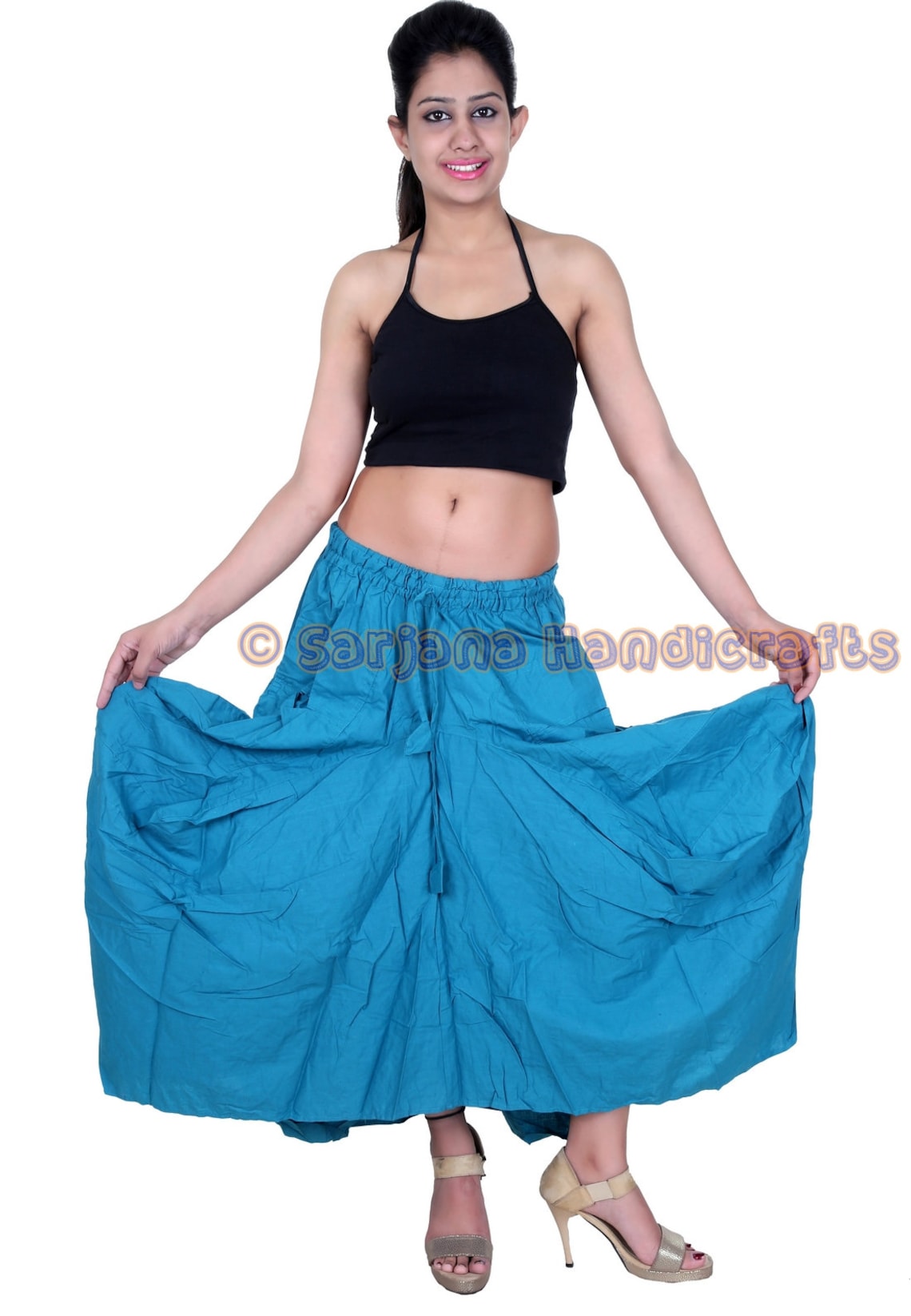 Sarjana Handicrafts Women's Cotton Afghani Hippie Skirt | Sea Green, Elastic Waist With Drawstring, 34" Length, Free Size Fits Up To 40" Waist - View #3