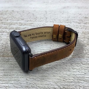 Gifts for him, Leather Apple Watch Band 38 40 41 42 44mm 45mm, handmade strap, iwatch band,Free Engraving,Christmas Gift, anniversary gift-y image 1