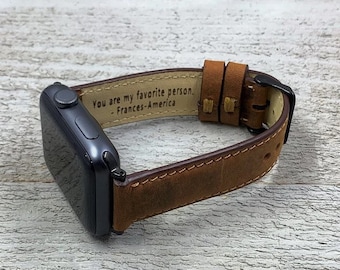 Gifts for him, Leather Apple Watch Band 38 40 41 42 44mm 45mm, handmade strap, iwatch band,Free Engraving,Christmas Gift, anniversary gift-y