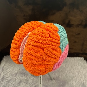 May include: A crocheted brain model in orange, pink, and blue colors. The brain is on a silver stand.