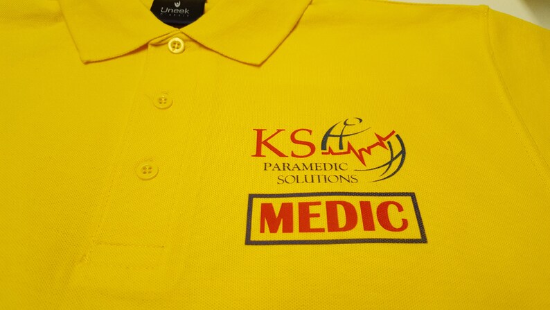 Personalised Polo Shirt Full Color Text Logo Print Work Uniform Workwear Company FRONT LEFT BREAST