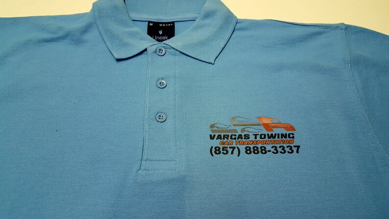 Personalised Polo Shirt Full Color Text Logo Print Work Uniform Workwear Company FRONT LEFT BREAST