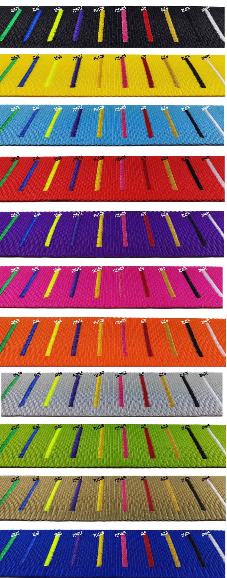 collection of luggage straps laid out in rows, each in a different vibrant colour with a variety of coloured embroidered stripes .  straps demonstrates the customization options available for personalized luggage identification.
